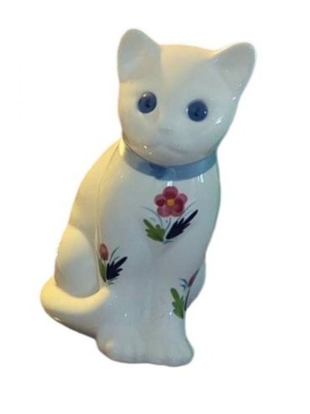 8” Ceramic Cat Figurine With Blue Eyes & Floral Design By ELPA Alcobaca Portugal